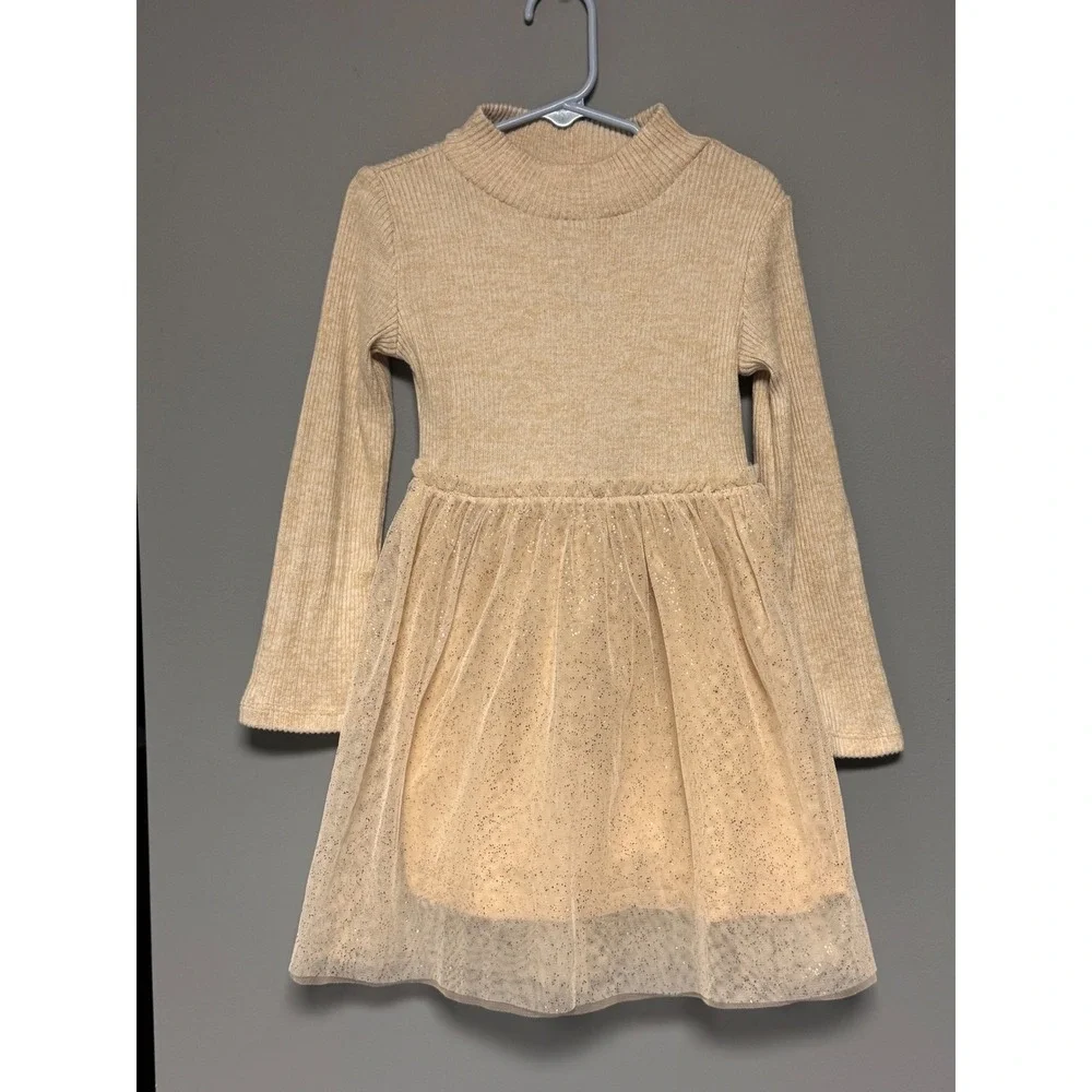 OshKosh Bgosh Toddler Girls 5T Ribbed Knit Glitter Tulle Tutu Dress Oatmeal Gold
